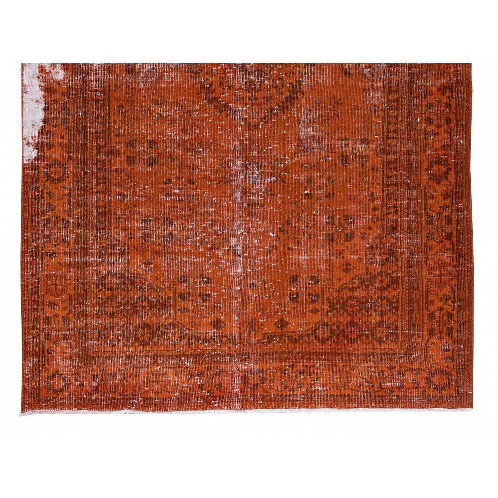 Distressed Vintage Handmade Turkish Wool Rug Over-Dyed in Orange, Modern Carpet