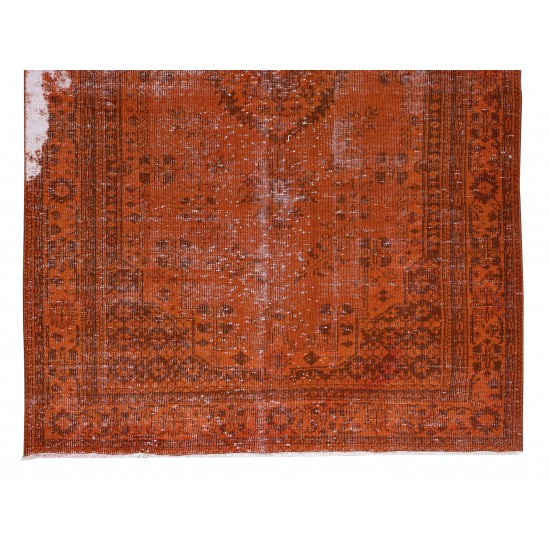 Distressed Vintage Handmade Turkish Wool Rug Over-Dyed in Orange, Modern Carpet