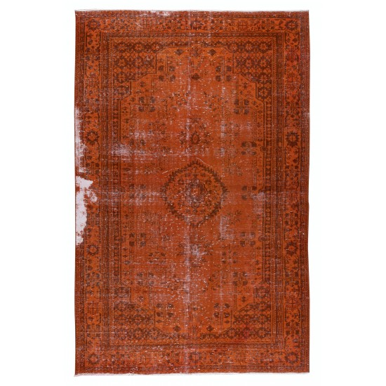Distressed Vintage Handmade Turkish Wool Rug Over-Dyed in Orange, Modern Carpet