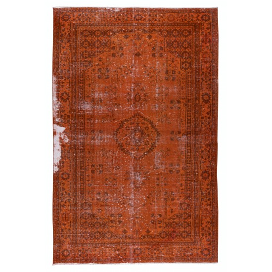 Distressed Vintage Handmade Turkish Wool Rug Over-Dyed in Orange, Modern Carpet Distressed Vintage Handmade Turkish Wool Rug Over-Dyed in Orange, Modern Carpet