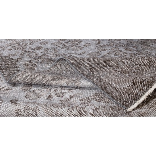 Gray Over-Dyed Rug with Floral Garden Design, Vintage Hand-Knotted Turkish Floor Covering