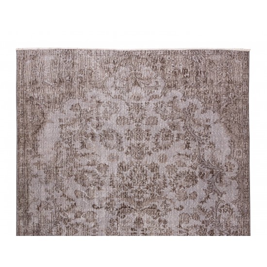 Gray Over-Dyed Rug with Floral Garden Design, Vintage Hand-Knotted Turkish Floor Covering