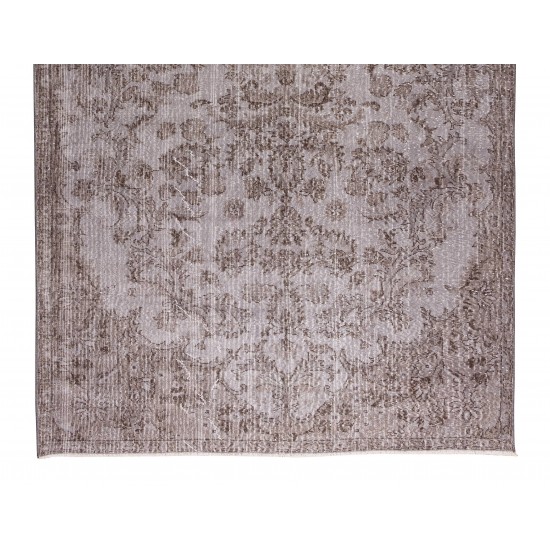 Gray Over-Dyed Rug with Floral Garden Design, Vintage Hand-Knotted Turkish Floor Covering