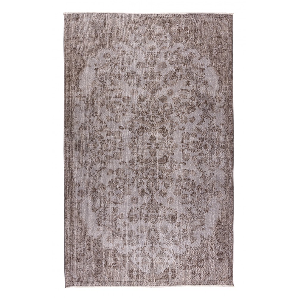 Gray Over-Dyed Rug with Floral Garden Design, Vintage Hand-Knotted Turkish Floor Covering