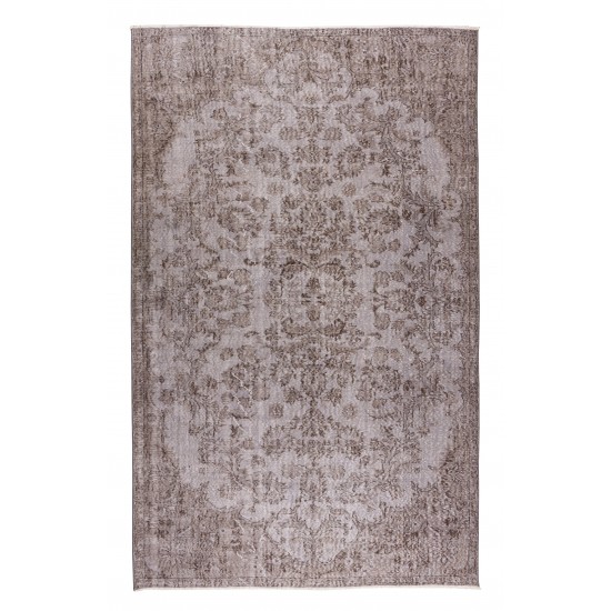 Gray Over-Dyed Rug with Floral Garden Design, Vintage Hand-Knotted Turkish Floor Covering