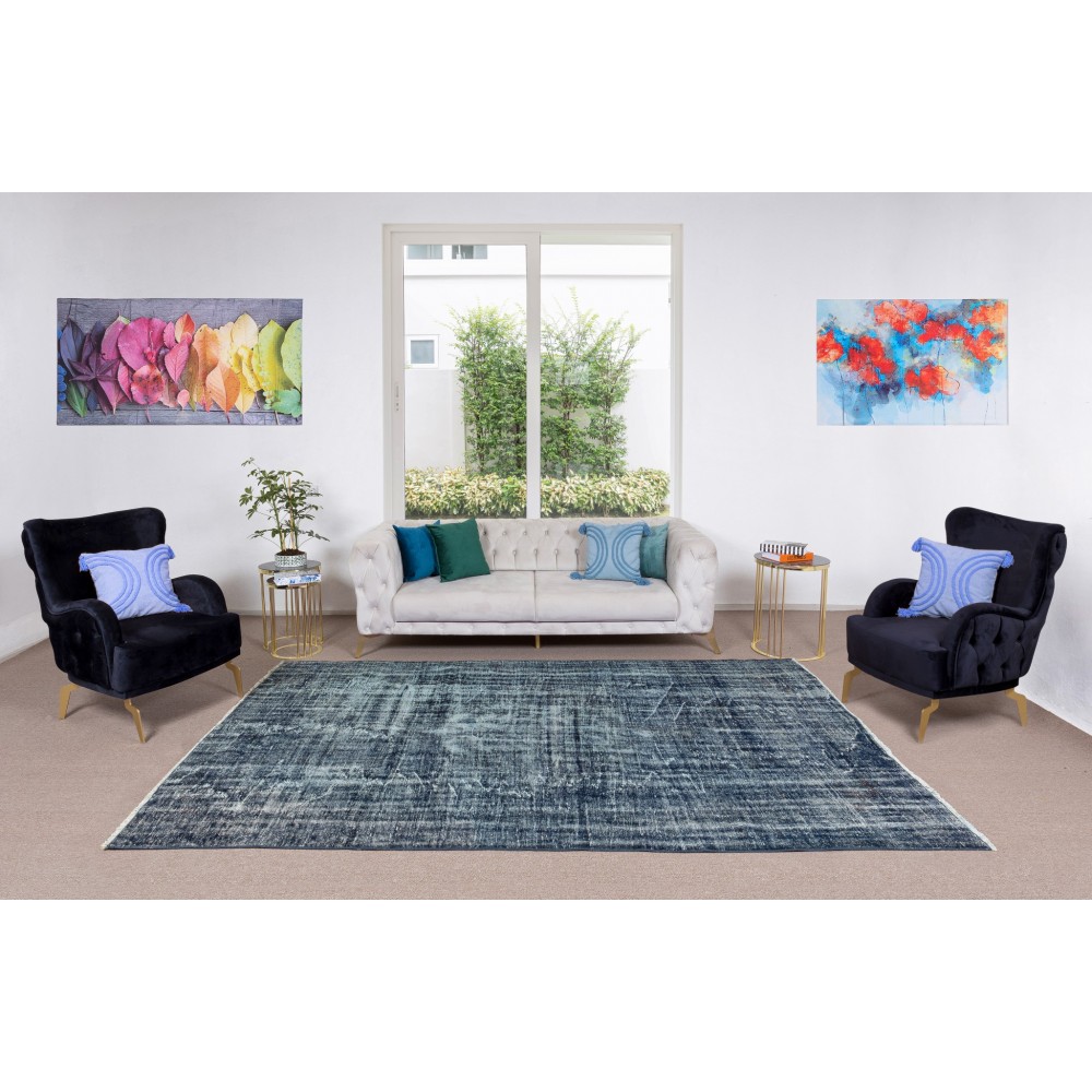 Vintage Handmade Turkish Area Rug Over-Dyed in Navy Blue, Ideal for Modern Home & Office Decor