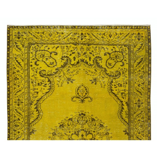 Modern Handmade Turkish Wool Rug Over-Dyed in Yellow, Vintage Medallion Design Carpet