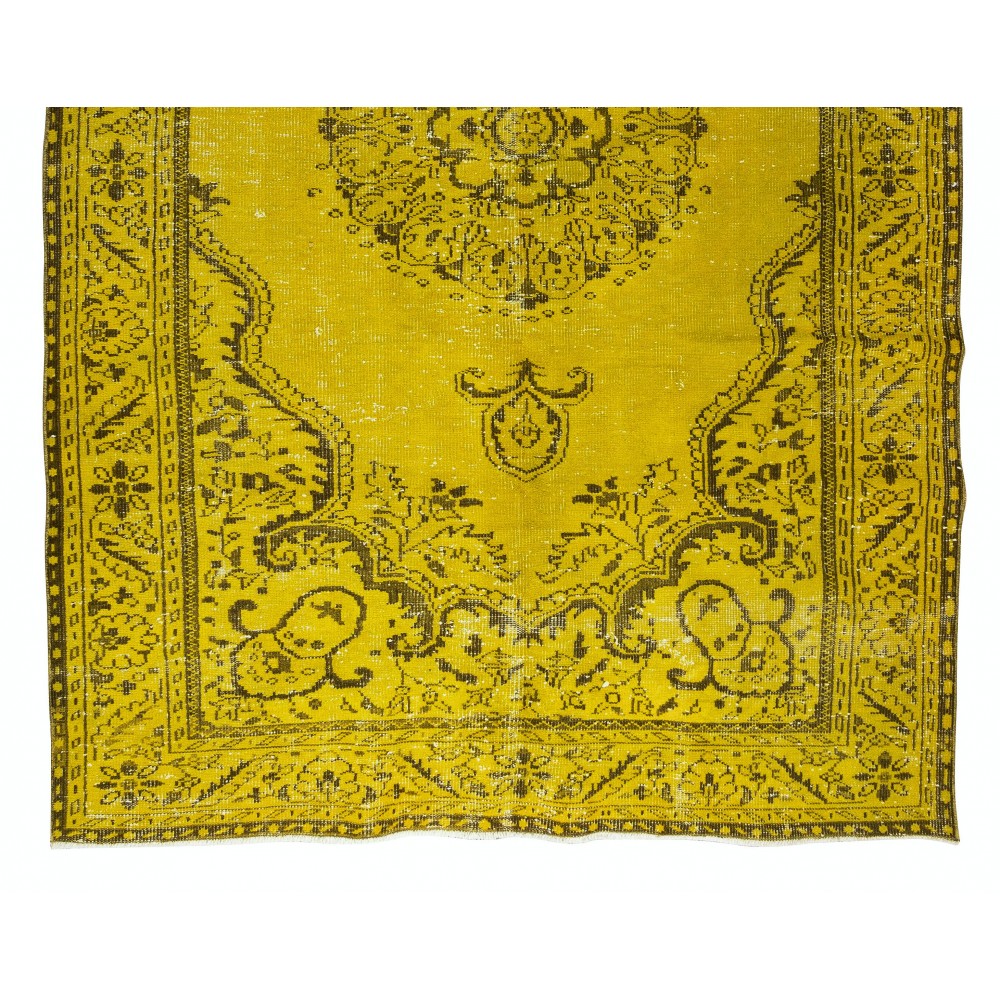 Modern Handmade Turkish Wool Rug Over-Dyed in Yellow, Vintage Medallion Design Carpet