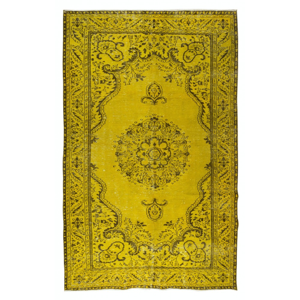 Modern Handmade Turkish Wool Rug Over-Dyed in Yellow, Vintage Medallion Design Carpet