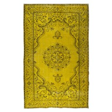 Modern Handmade Turkish Wool Rug Over-Dyed in Yellow, Vintage Medallion Design Carpet