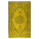 Modern Handmade Turkish Wool Rug Over-Dyed in Yellow, Vintage Medallion Design Carpet