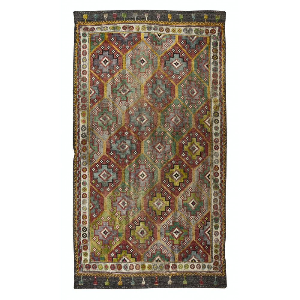 Vintage Turkish Jajim Kilim Rug, One of a Kind Hand-Woven Carpet Made of Wool