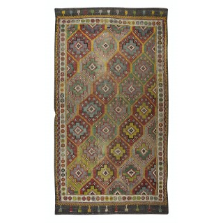 Vintage Turkish Jajim Kilim Rug, One of a Kind Hand-Woven Carpet Made of Wool