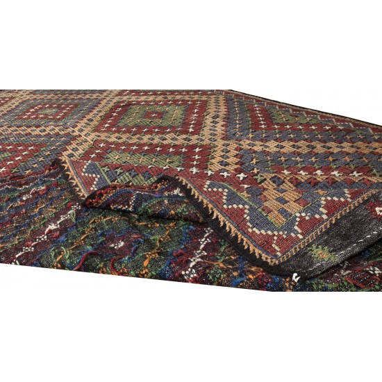 1970's Diamond Pattern Turkish Jajim Kilim, Unique Handmade Wool Rug