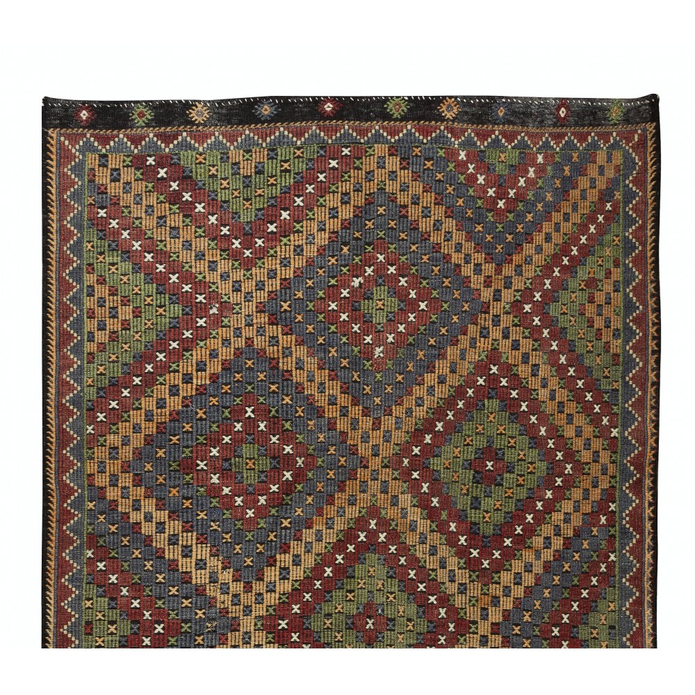 1970's Diamond Pattern Turkish Jajim Kilim, Unique Handmade Wool Rug