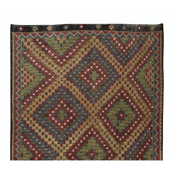 1970's Diamond Pattern Turkish Jajim Kilim, Unique Handmade Wool Rug