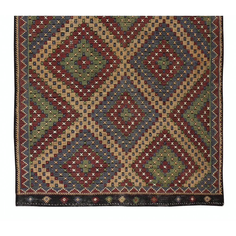 1970's Diamond Pattern Turkish Jajim Kilim, Unique Handmade Wool Rug