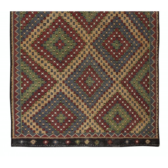 1970's Diamond Pattern Turkish Jajim Kilim, Unique Handmade Wool Rug