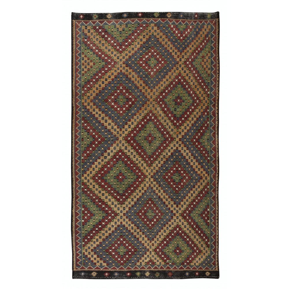 1970's Diamond Pattern Turkish Jajim Kilim, Unique Handmade Wool Rug