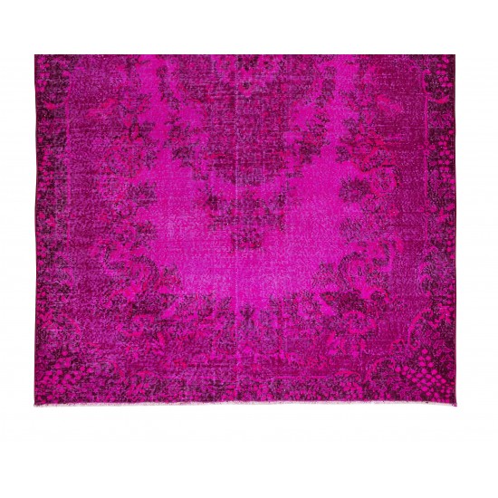 Turkish Vintage Rug Over-Dyed in Hot Pink, Handmade Carpet for Modern Interiors