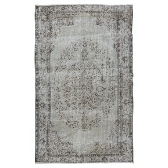 Gray Over-Dyed Rug with Medallion Design, Vintage Hand-Knotted Turkish Floor Covering