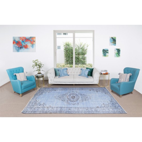 Vintage Handmade Turkish Area Rug Over-Dyed in Light Blue, Ideal for Modern Home & Office Decor Vintage Handmade Turkish Area Rug Over-Dyed in Light Blue, Ideal for Modern Home & Office Decor