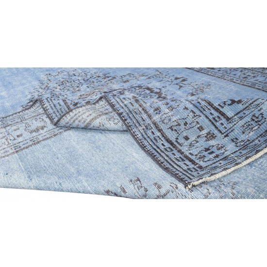 Vintage Handmade Turkish Area Rug Over-Dyed in Light Blue, Ideal for Modern Home & Office Decor