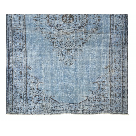 Vintage Handmade Turkish Area Rug Over-Dyed in Light Blue, Ideal for Modern Home & Office Decor