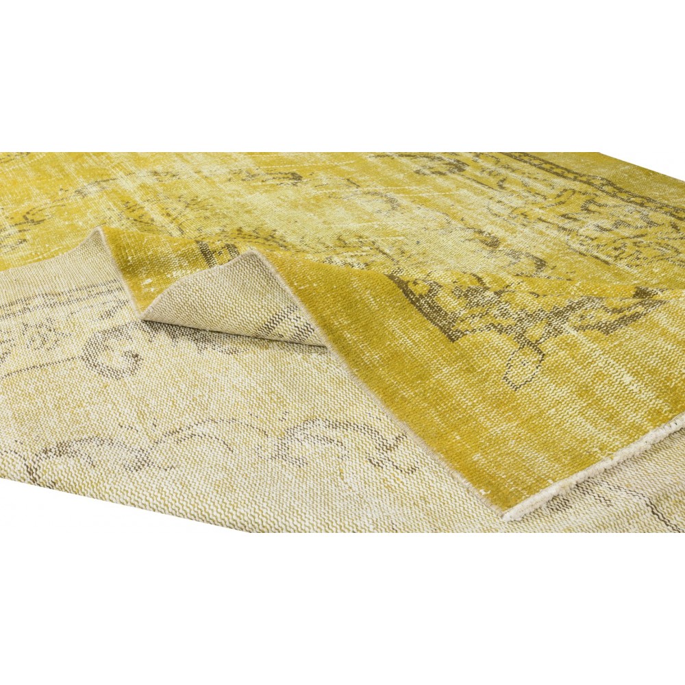Contemporary Handmade Turkish Area Rug Over-Dyed in Yellow, Vintage Medallion Design Carpet