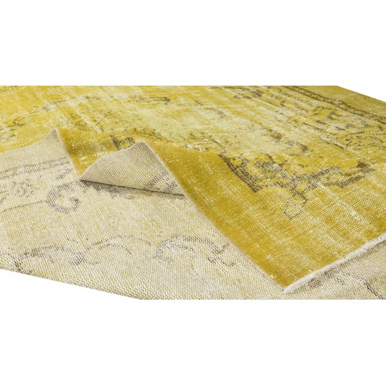 Contemporary Handmade Turkish Area Rug Over-Dyed in Yellow, Vintage Medallion Design Carpet