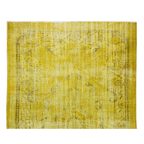 Contemporary Handmade Turkish Area Rug Over-Dyed in Yellow, Vintage Medallion Design Carpet Contemporary Handmade Turkish Area Rug Over-Dyed in Yellow, Vintage Medallion Design Carpet