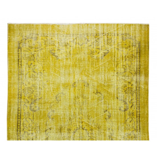 Contemporary Handmade Turkish Area Rug Over-Dyed in Yellow, Vintage Medallion Design Carpet