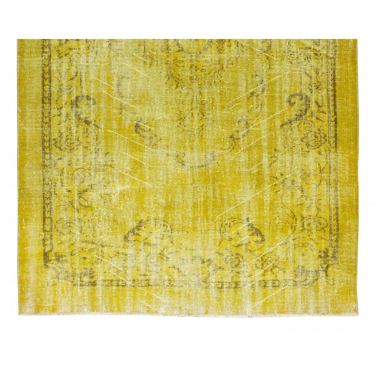 Contemporary Handmade Turkish Area Rug Over-Dyed in Yellow, Vintage Medallion Design Carpet