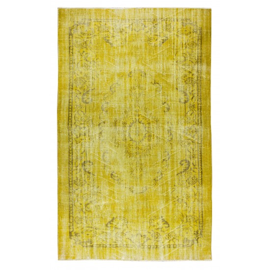 Contemporary Handmade Turkish Area Rug Over-Dyed in Yellow, Vintage Medallion Design Carpet