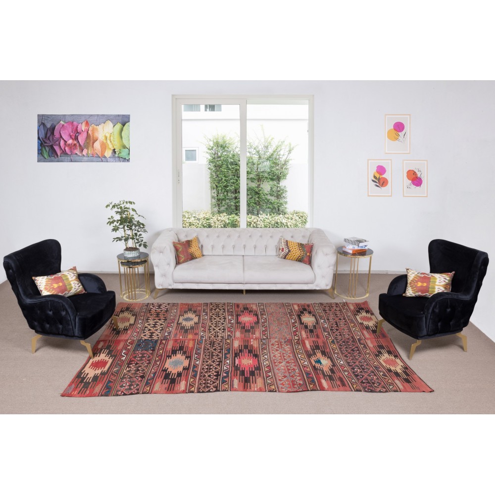 Vintage Hand-Woven Nomadic Turkish Kilim Rug 'Flat-Weave', 100% Wool