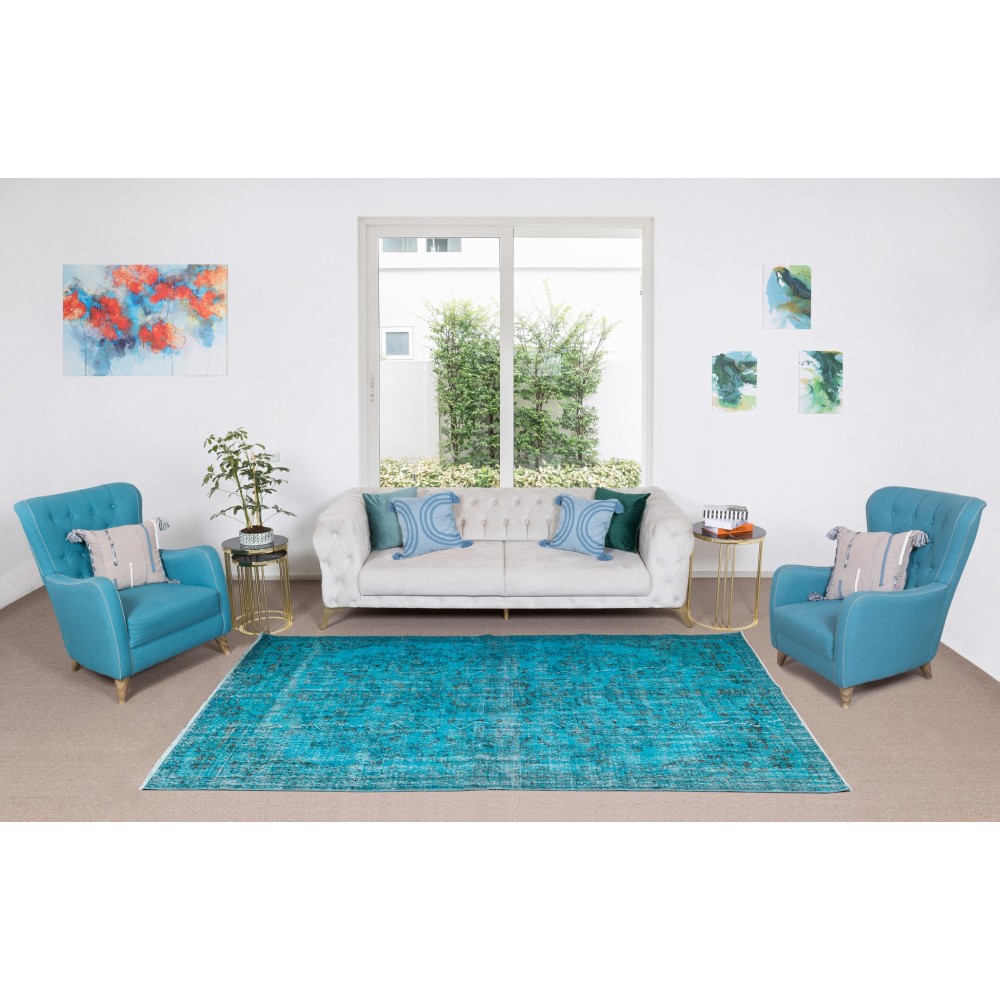 Handmade Vintage Turkish Wool Area Rug Over-Dyed in Teal, Ideal for Modern Home & Office Decor