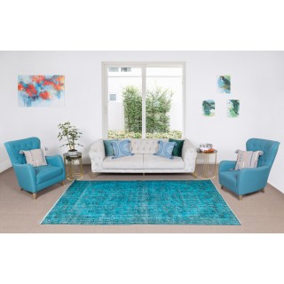 Handmade Vintage Turkish Wool Area Rug Over-Dyed in Teal, Ideal for Modern Home & Office Decor