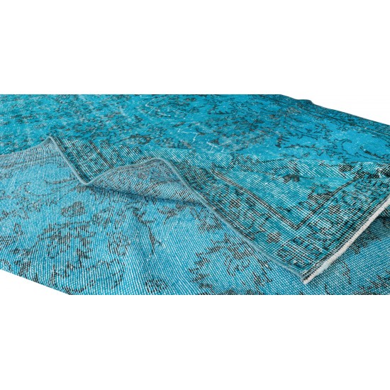 Handmade Vintage Turkish Wool Area Rug Over-Dyed in Teal, Ideal for Modern Home & Office Decor