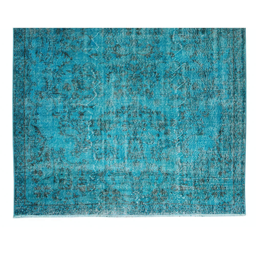 Handmade Vintage Turkish Wool Area Rug Over-Dyed in Teal, Ideal for Modern Home & Office Decor