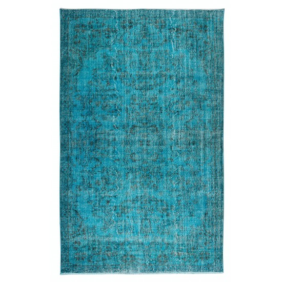 Handmade Vintage Turkish Wool Area Rug Over-Dyed in Teal, Ideal for Modern Home & Office Decor