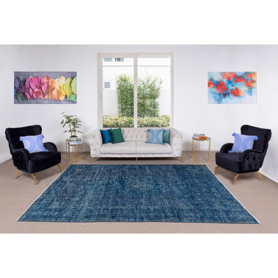 Handmade Vintage Turkish Wool Area Rug Over-Dyed in Navy Blue, Ideal for Home & Office Decor