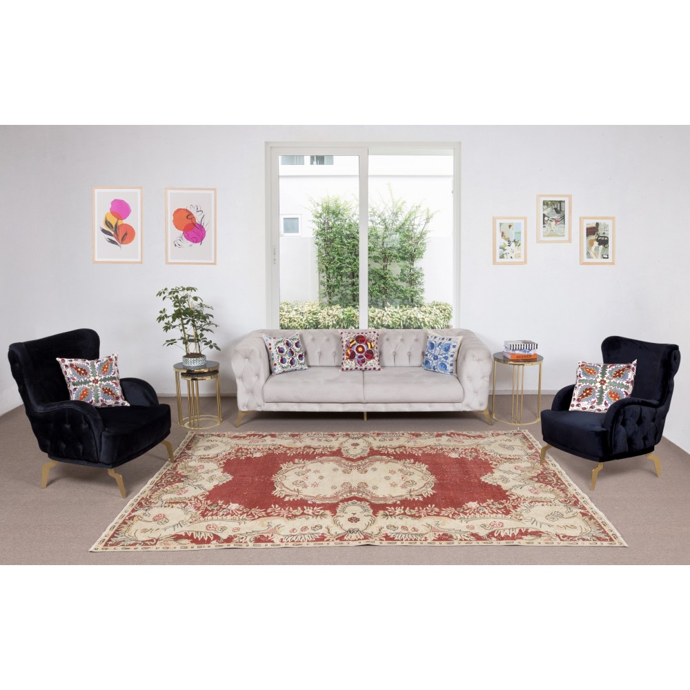 Vintage Handmade Turkish Wool Rug in Red & Beige Colors, One-of-a-Kind Traditional Carpet
