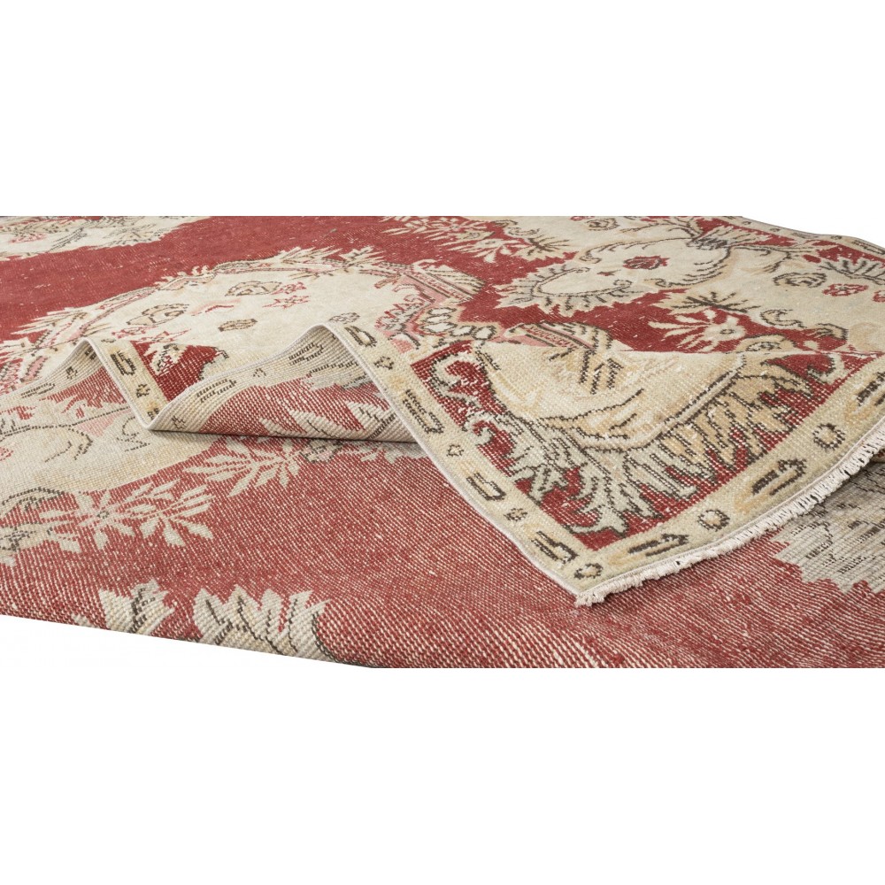 Vintage Handmade Turkish Wool Rug in Red & Beige Colors, One-of-a-Kind Traditional Carpet