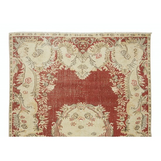 Vintage Handmade Turkish Wool Rug in Red & Beige Colors, One-of-a-Kind Traditional Carpet