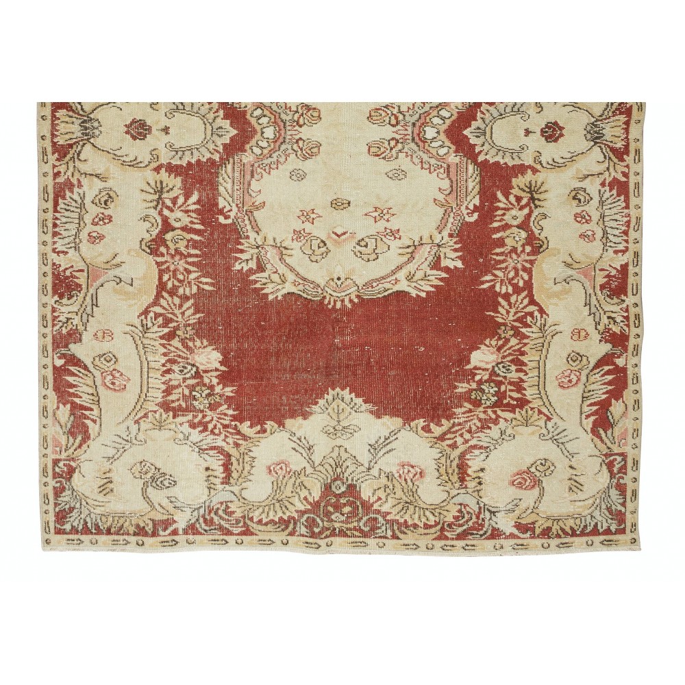 Vintage Handmade Turkish Wool Rug in Red & Beige Colors, One-of-a-Kind Traditional Carpet