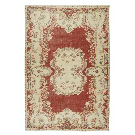 Vintage Handmade Turkish Wool Rug in Red & Beige Colors, One-of-a-Kind Traditional Carpet