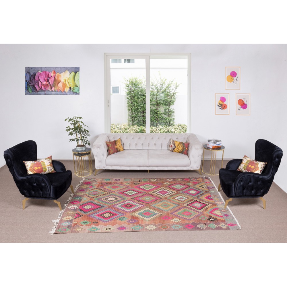 Multicolor Geometric Vintage Nomadic Kilim Rug, 100% Handspun Wool