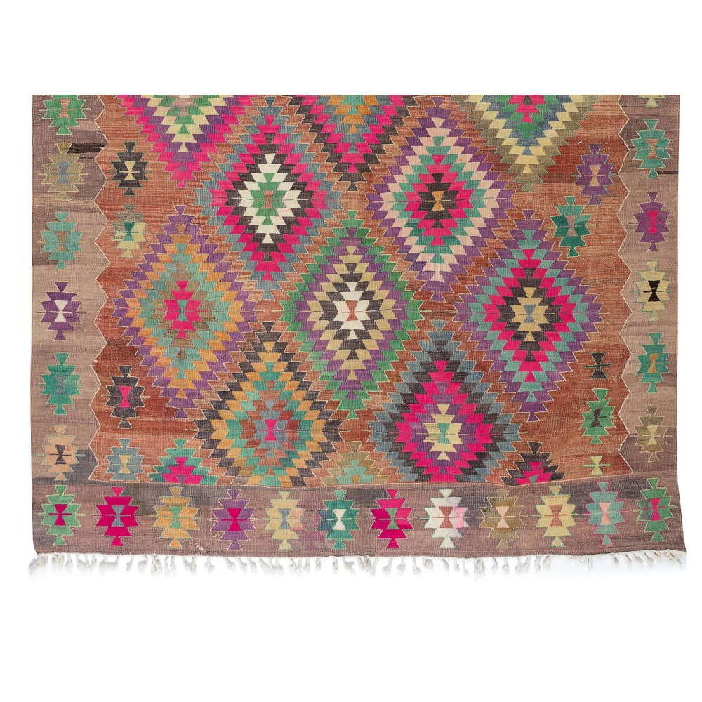Multicolor Geometric Vintage Nomadic Kilim Rug, 100% Handspun Wool