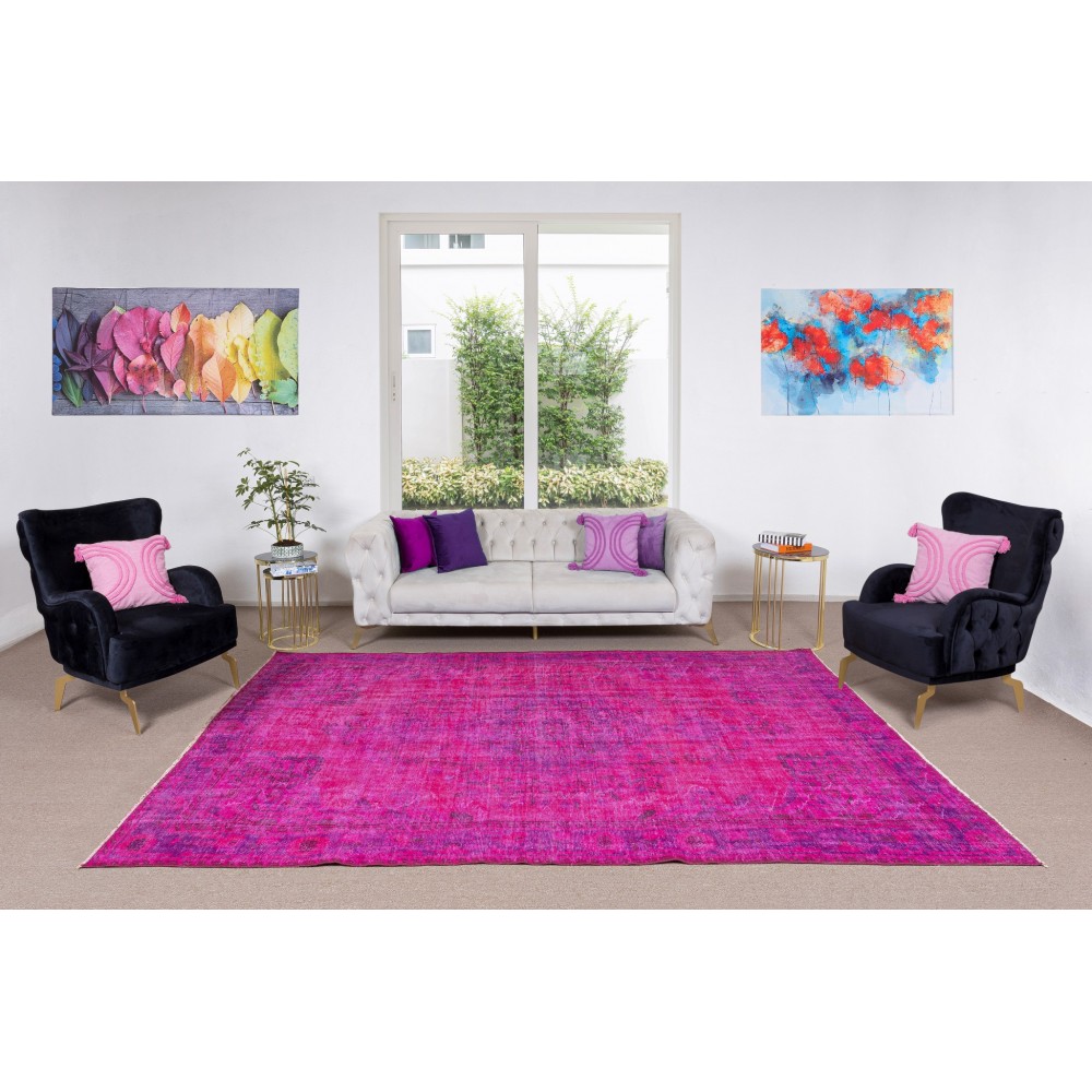 Turkish Vintage Rug Re-Dyed in Hot Pink, Handmade Medallion Design Carpet for Contemporary Interiors