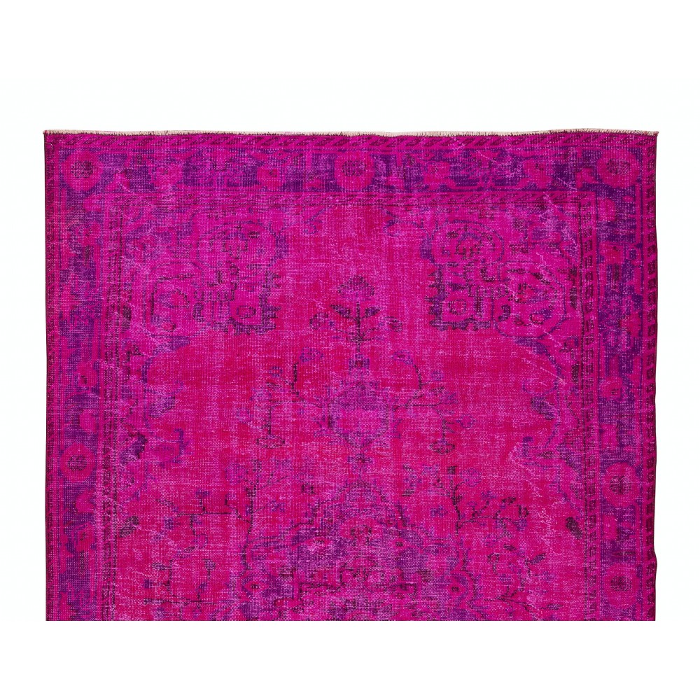 Turkish Vintage Rug Re-Dyed in Hot Pink, Handmade Medallion Design Carpet for Contemporary Interiors